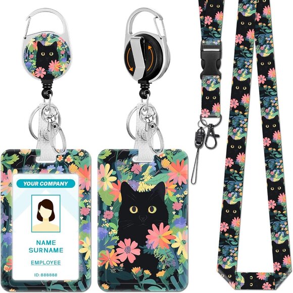 Lanyards for Id Badges, Cat Flower Floral Badge Holder with Retractable Reel Cli - Picture 1 of 7